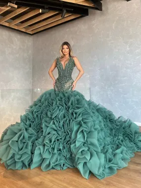 Sage Embellished Layered Tulle Gown
