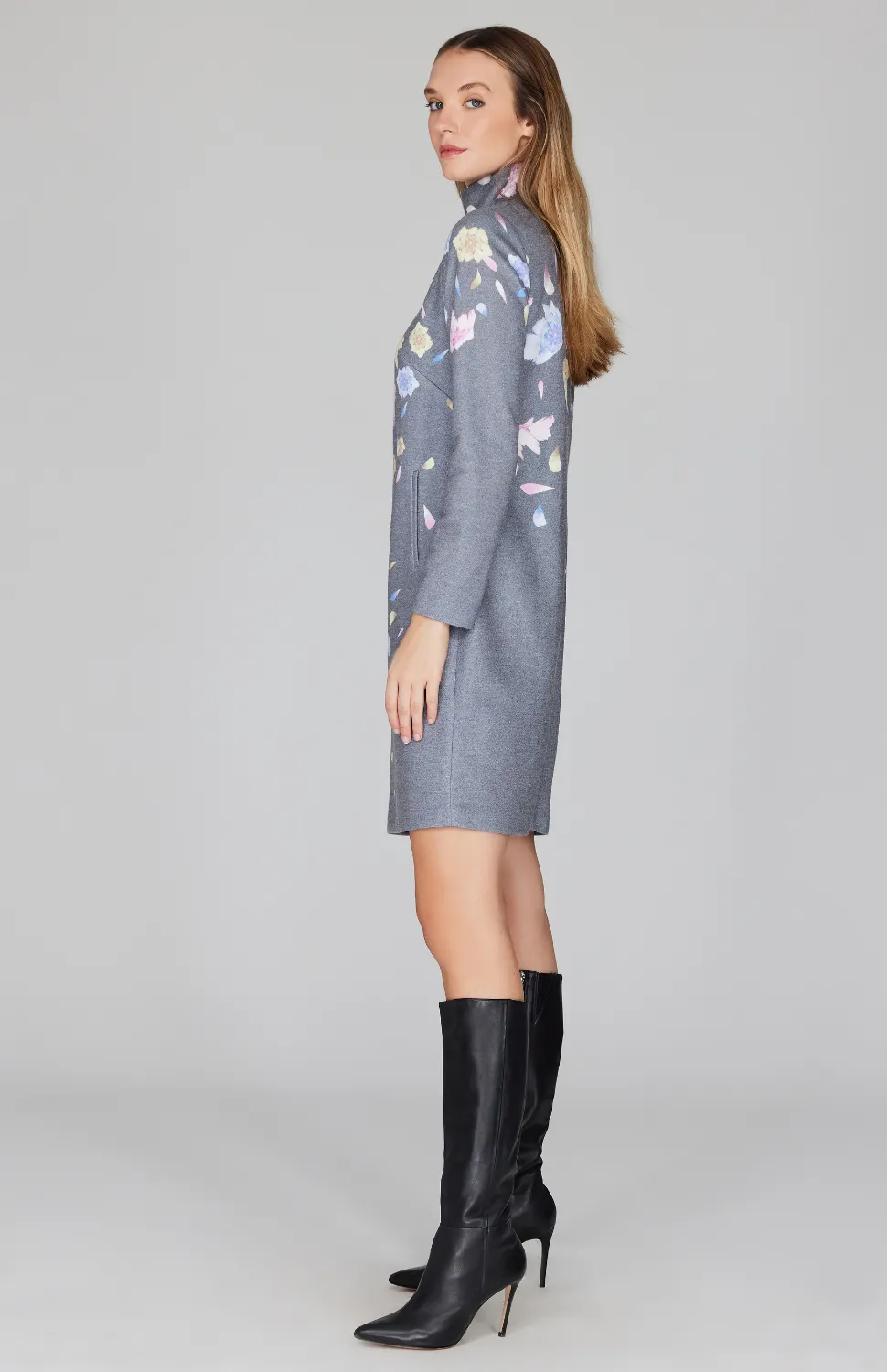 Scattered Blossom Sweater Turtleneck Shift Dress