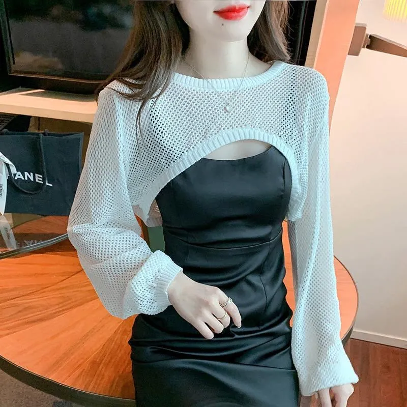 Summer Women’s New Hollow Knit Sun Protection Cardigan with Sleeveless Dress, Lightweight Pullover Shrug, Thin Outerwear