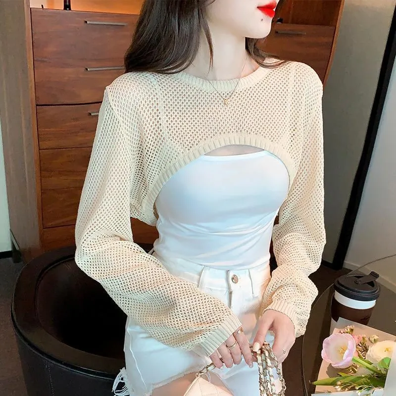 Summer Women’s New Hollow Knit Sun Protection Cardigan with Sleeveless Dress, Lightweight Pullover Shrug, Thin Outerwear