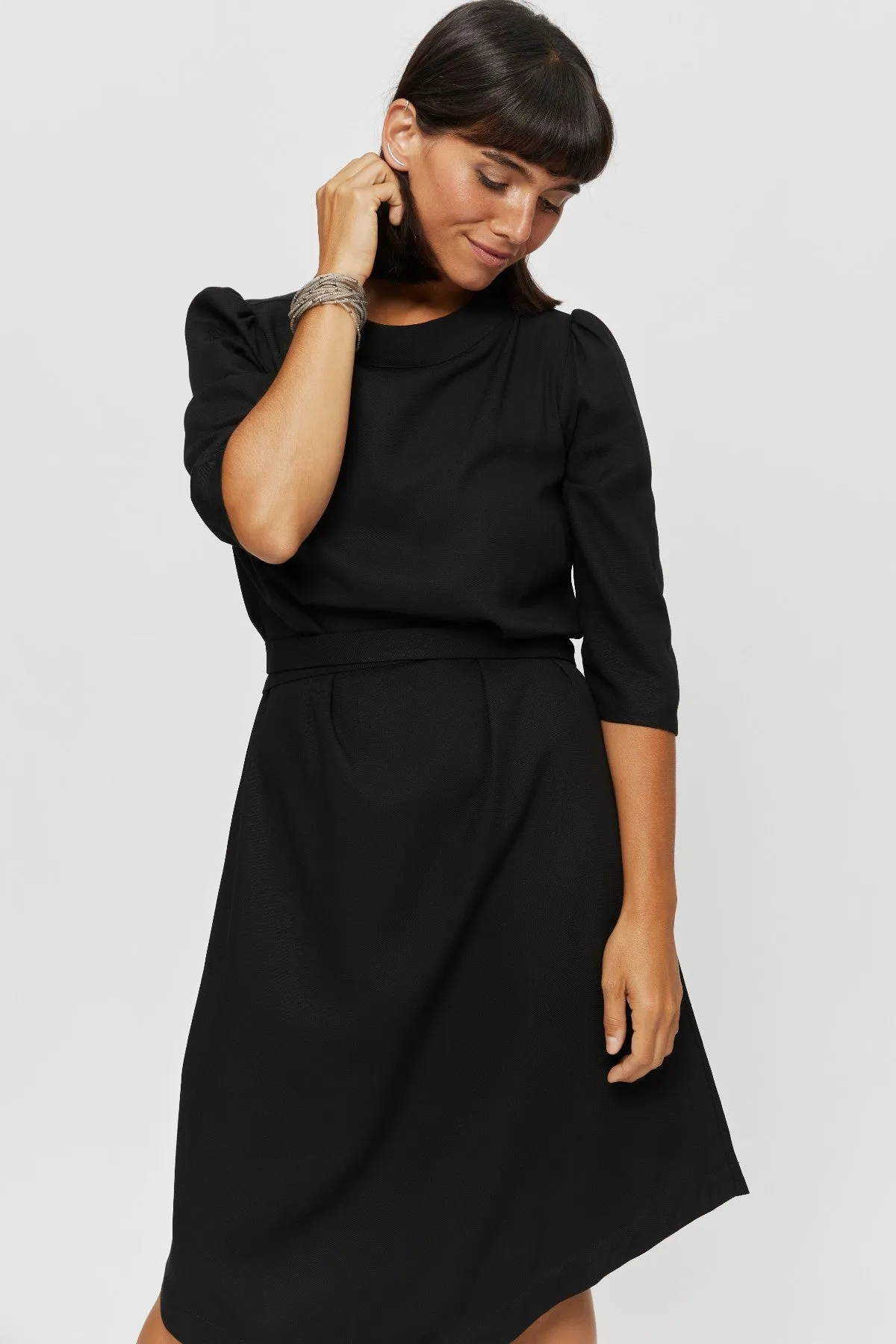 Suzi | Belted Angle Dress with Boat Neckline in Black