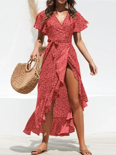 Tied Ruffled Printed Short Sleeve Midi Wrap Dress