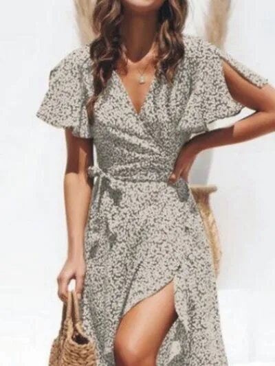Tied Ruffled Printed Short Sleeve Midi Wrap Dress