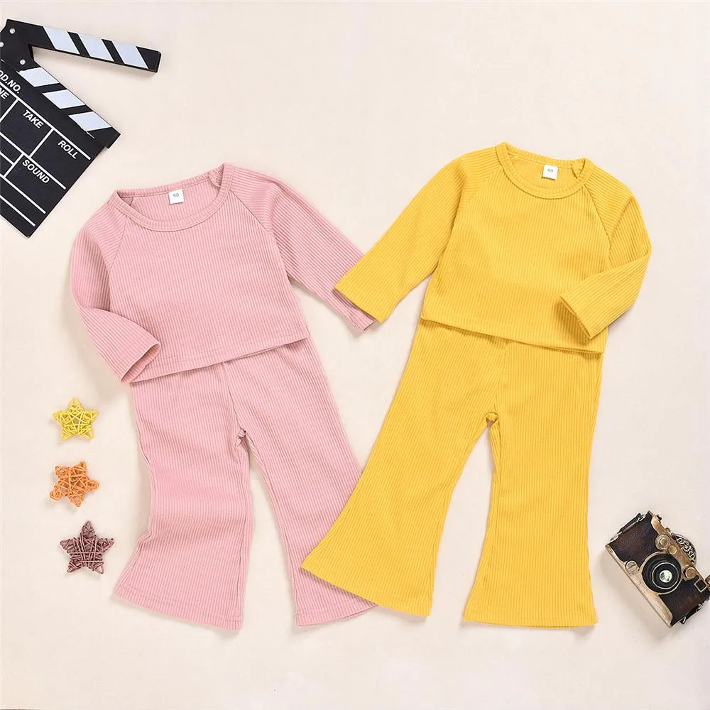 Toddler Girls Knitted Solid Long Sleeve Top & Flared Pants Girl Wholesale