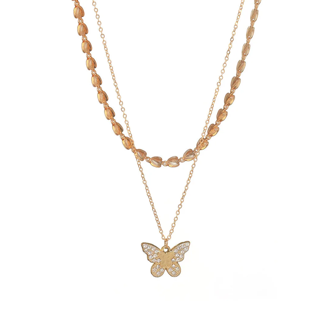 Two Layer Necklace - Butterfly Pendant, Chain of Hearts