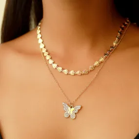 Two Layer Necklace - Butterfly Pendant, Chain of Hearts