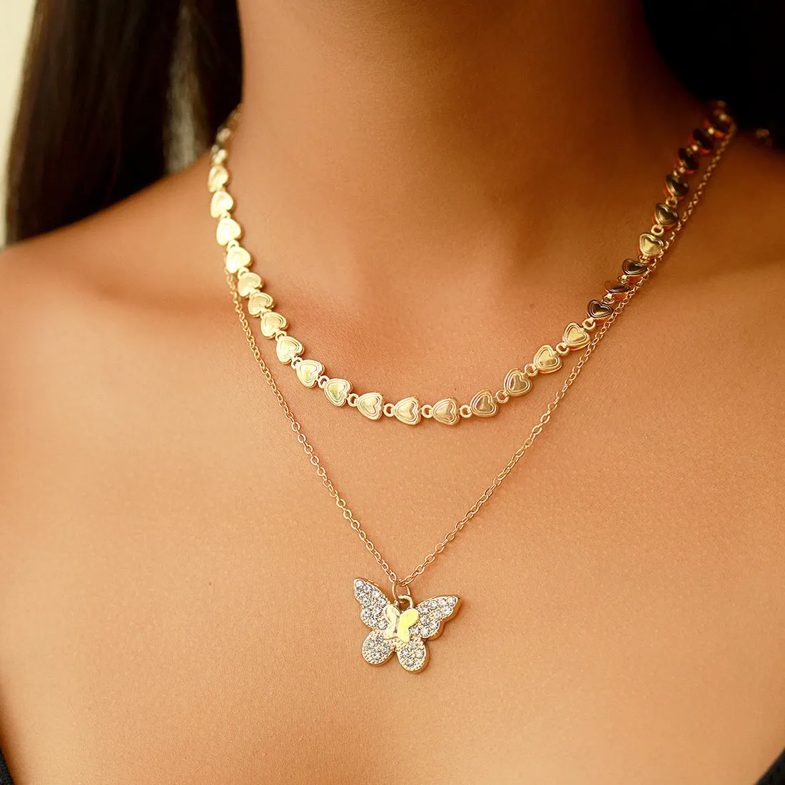 Two Layer Necklace - Butterfly Pendant, Chain of Hearts