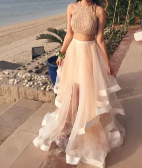 Two Pieces Ivory Prom Dresses, Two Pieces Ivory Formal Dresses, Ivory Evening Dresses