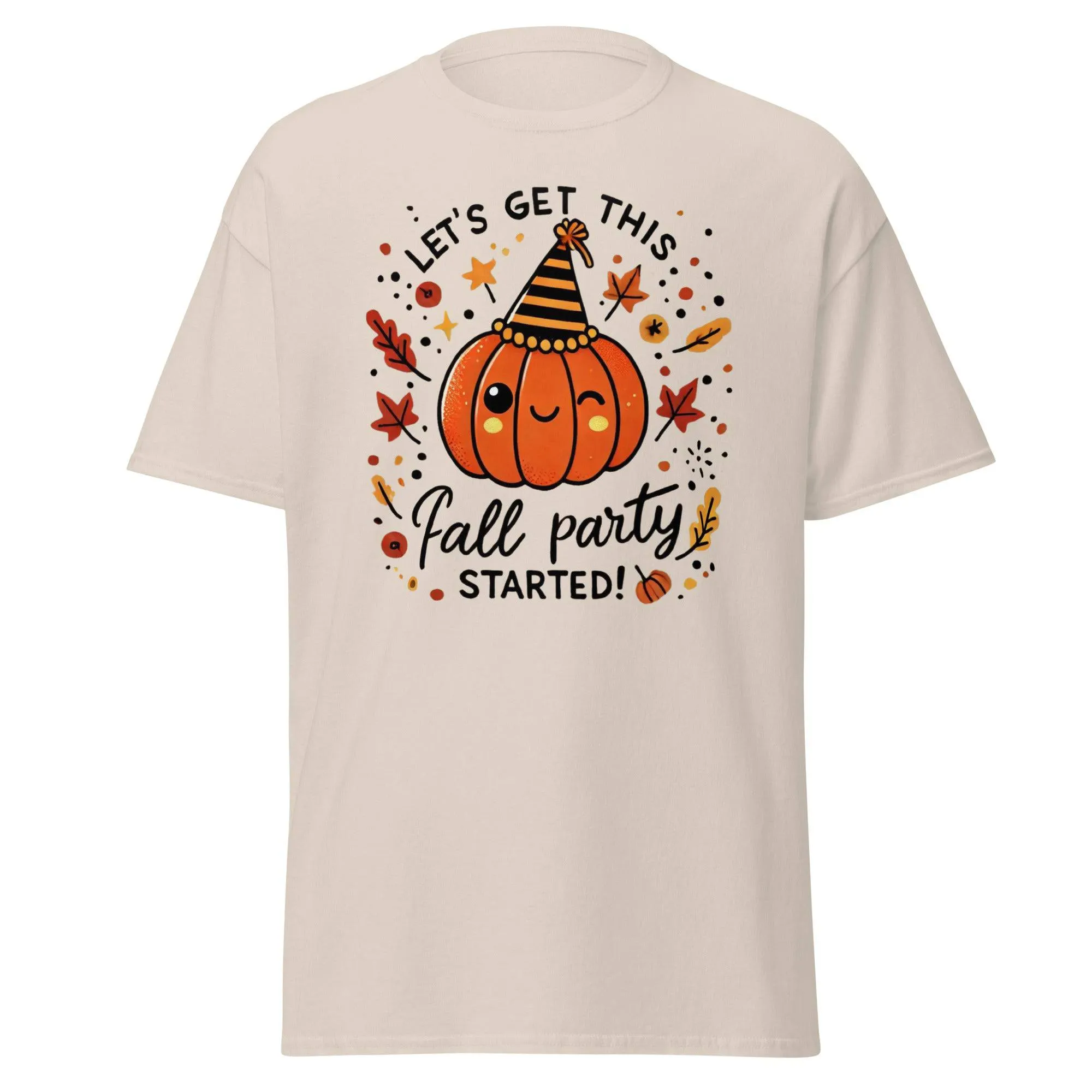 Unisex Fall Printed T-shirt – "Let’s Get This Fall Party Started" – Fun Fall Graphic Tee for Autumn Lovers
