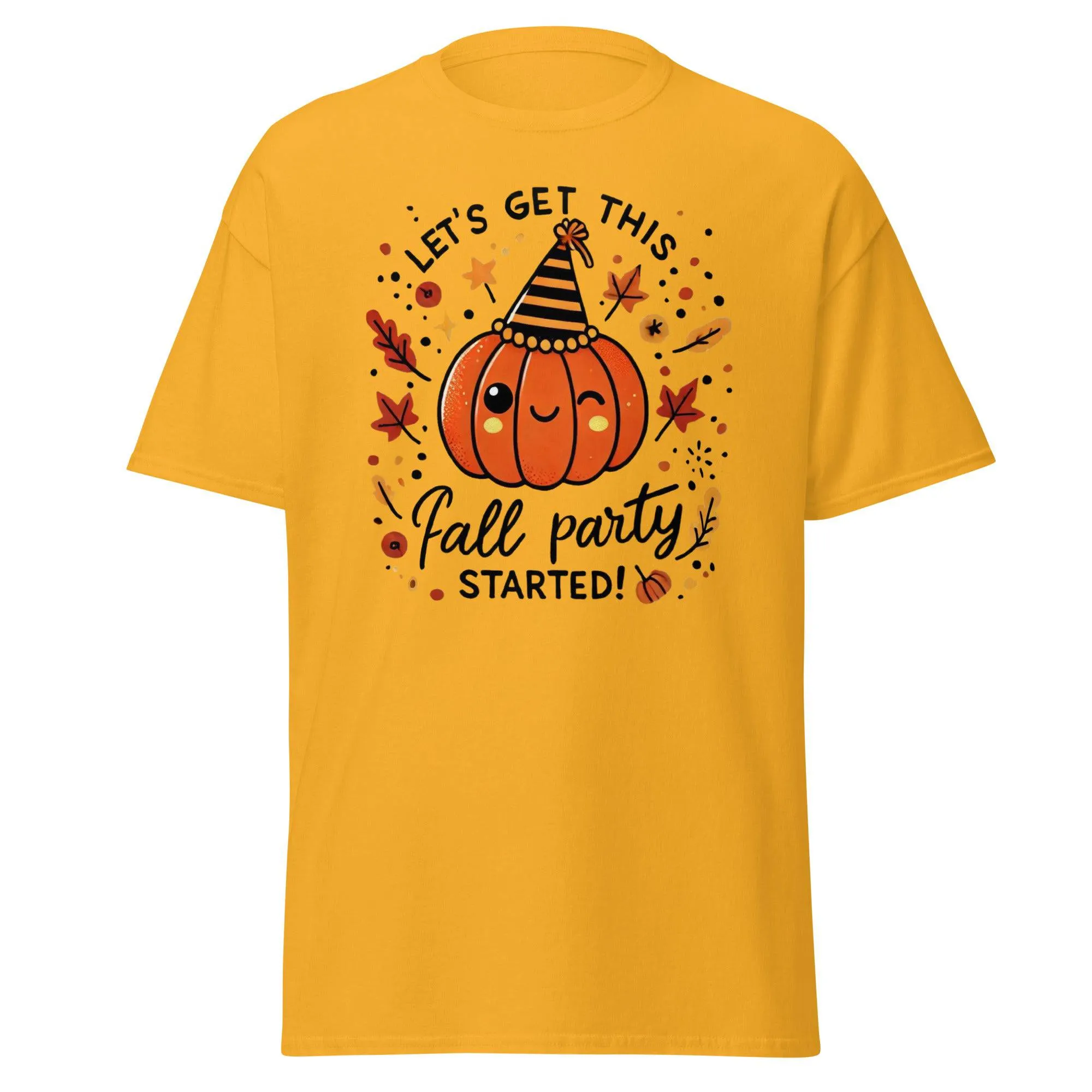 Unisex Fall Printed T-shirt – "Let’s Get This Fall Party Started" – Fun Fall Graphic Tee for Autumn Lovers