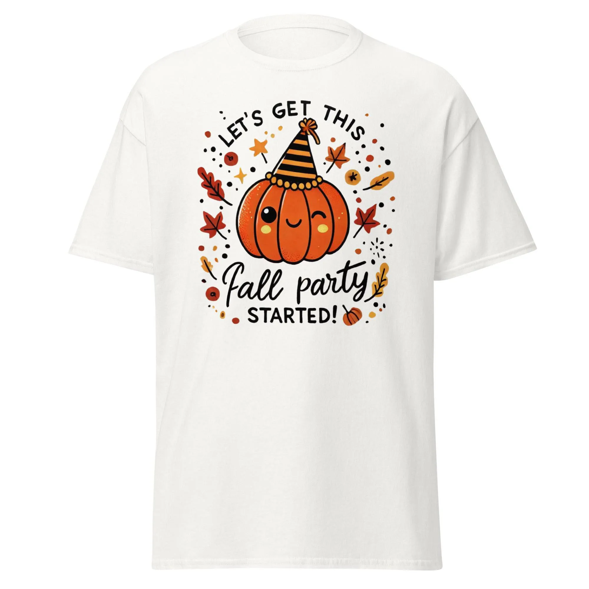 Unisex Fall Printed T-shirt – "Let’s Get This Fall Party Started" – Fun Fall Graphic Tee for Autumn Lovers