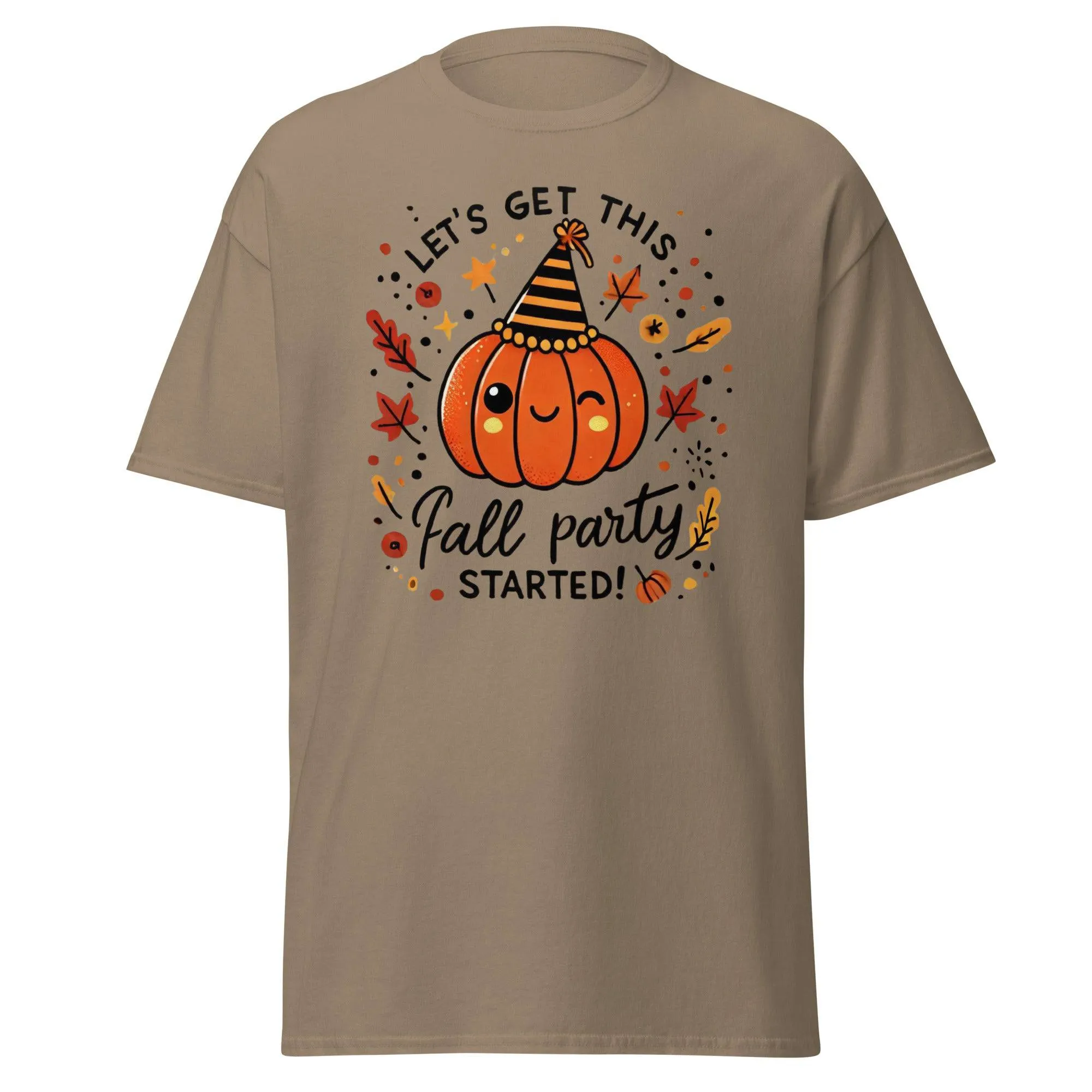 Unisex Fall Printed T-shirt – "Let’s Get This Fall Party Started" – Fun Fall Graphic Tee for Autumn Lovers