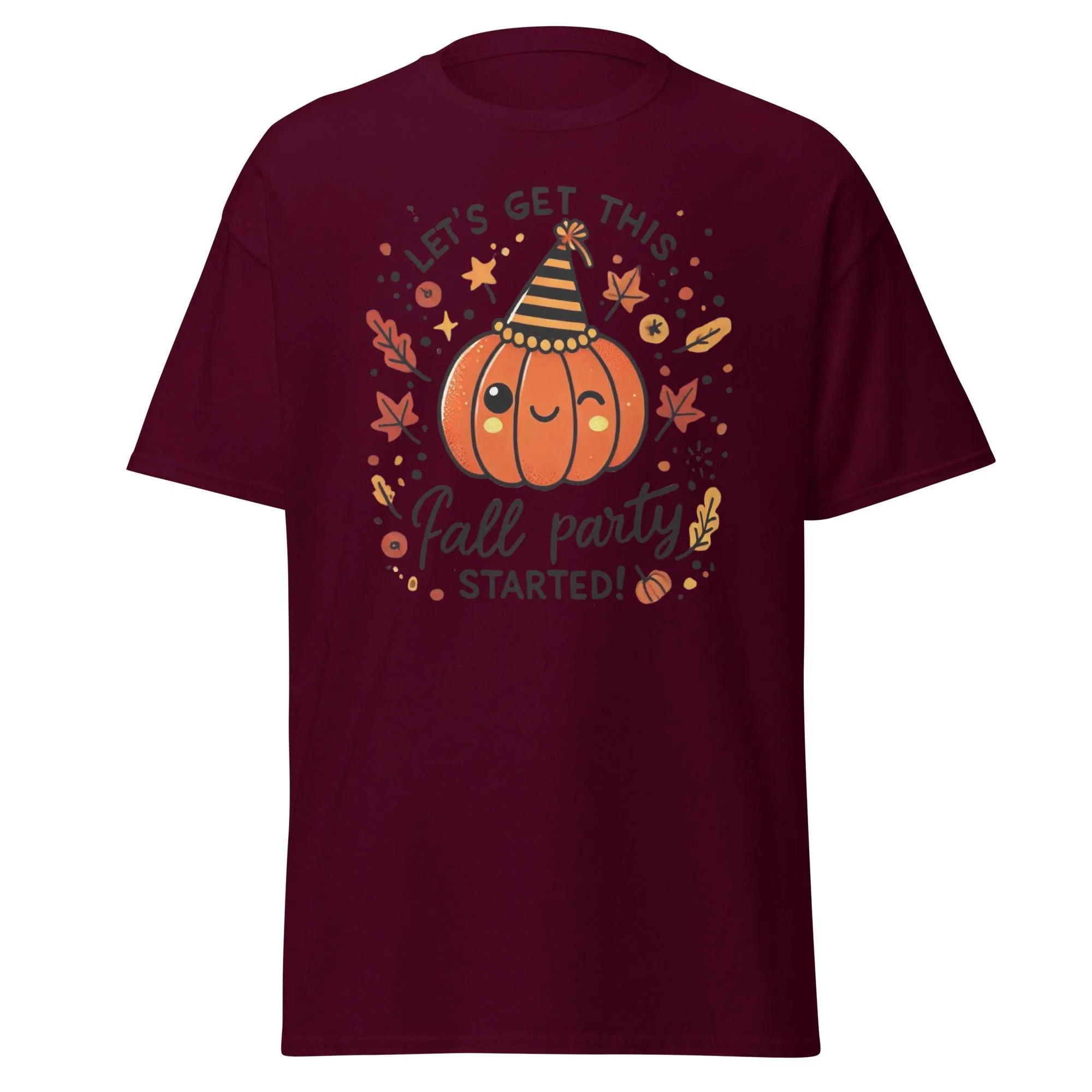 Unisex Fall Printed T-shirt – "Let’s Get This Fall Party Started" – Fun Fall Graphic Tee for Autumn Lovers