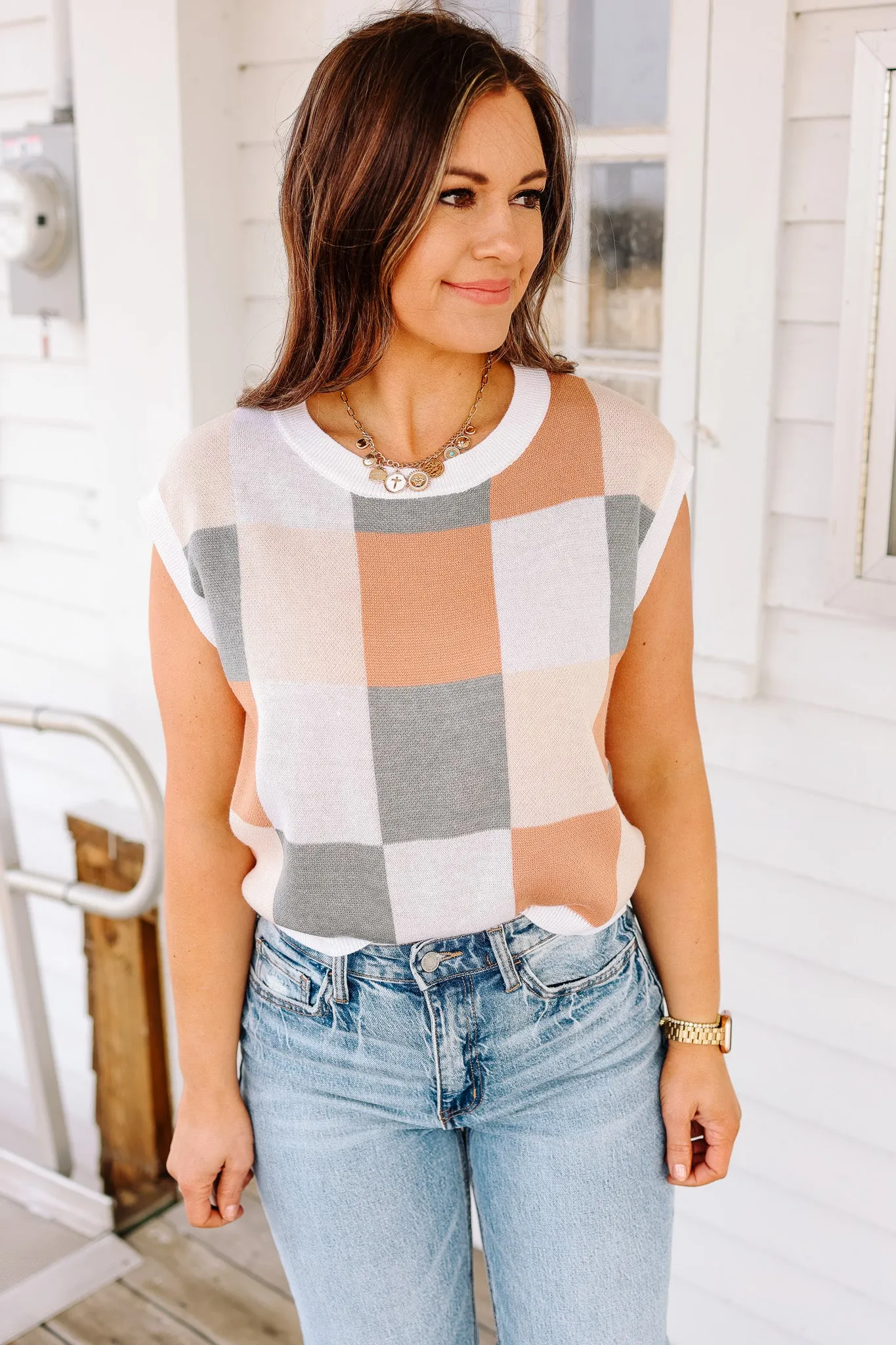 Vail Colorblock Checker Sweater Tee - Orange