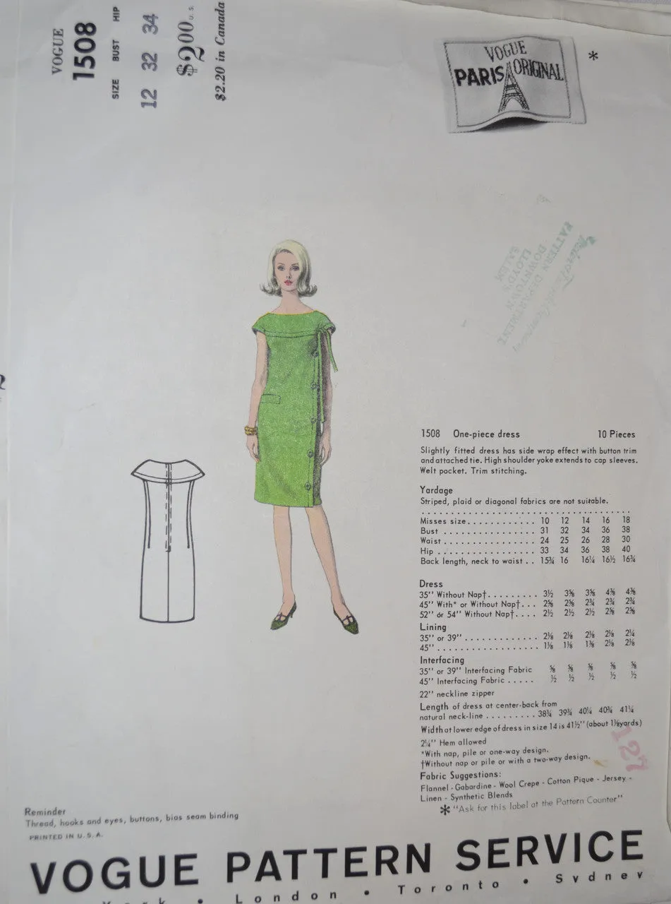 Vogue Paris Original 1508 Pierre Cardin Dress Pattern 32B