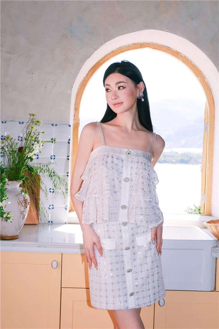 Wardrobes by Chen Luxury White Sleeveless Layered Diamond Top/ Short Skirt-Cassie