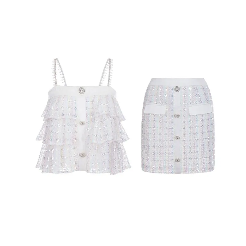 Wardrobes by Chen Luxury White Sleeveless Layered Diamond Top/ Short Skirt-Cassie