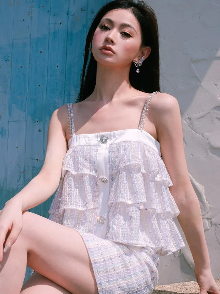 Wardrobes by Chen Luxury White Sleeveless Layered Diamond Top/ Short Skirt-Cassie