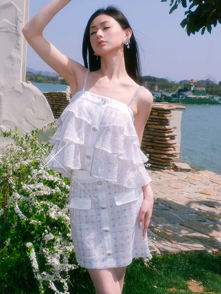 Wardrobes by Chen Luxury White Sleeveless Layered Diamond Top/ Short Skirt-Cassie