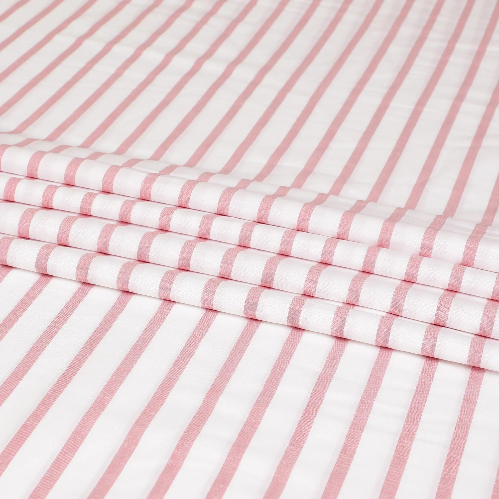 White cotton linen shirting fabric with peach print in stripe design-D7408