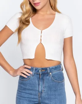 White Short Sleeve Front Hook and Eye Closure Crop Top