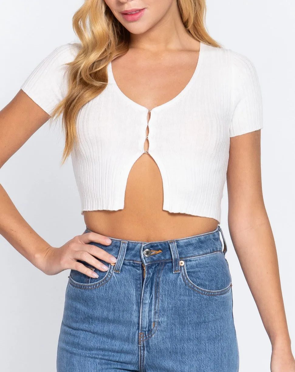 White Short Sleeve Front Hook and Eye Closure Crop Top