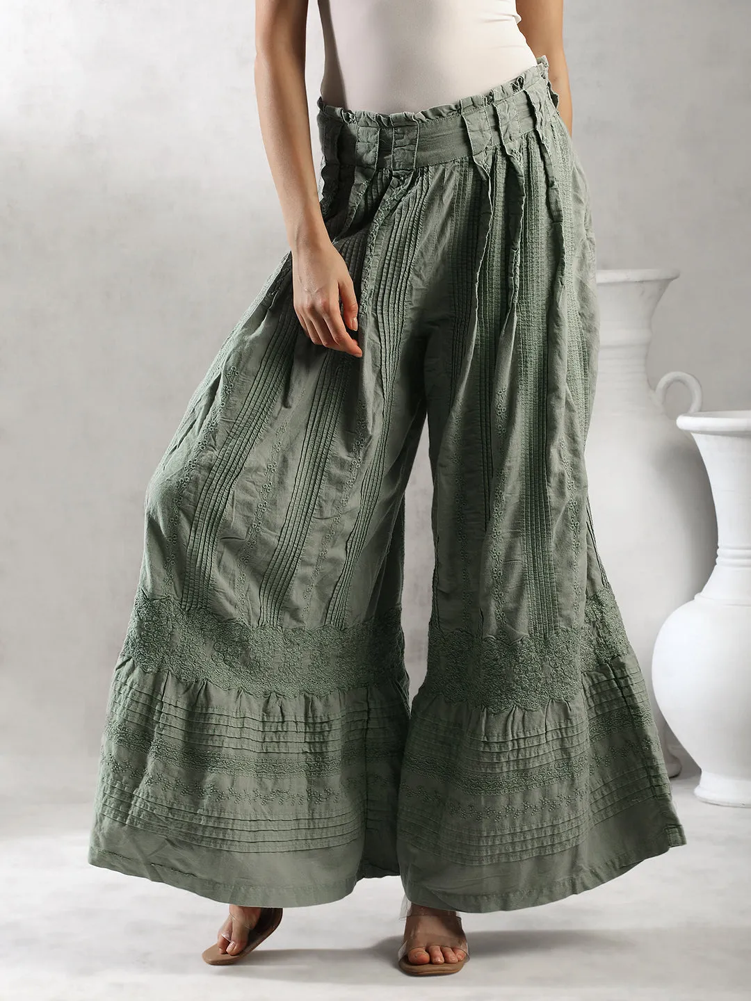 Women Green Boho Flared Pants