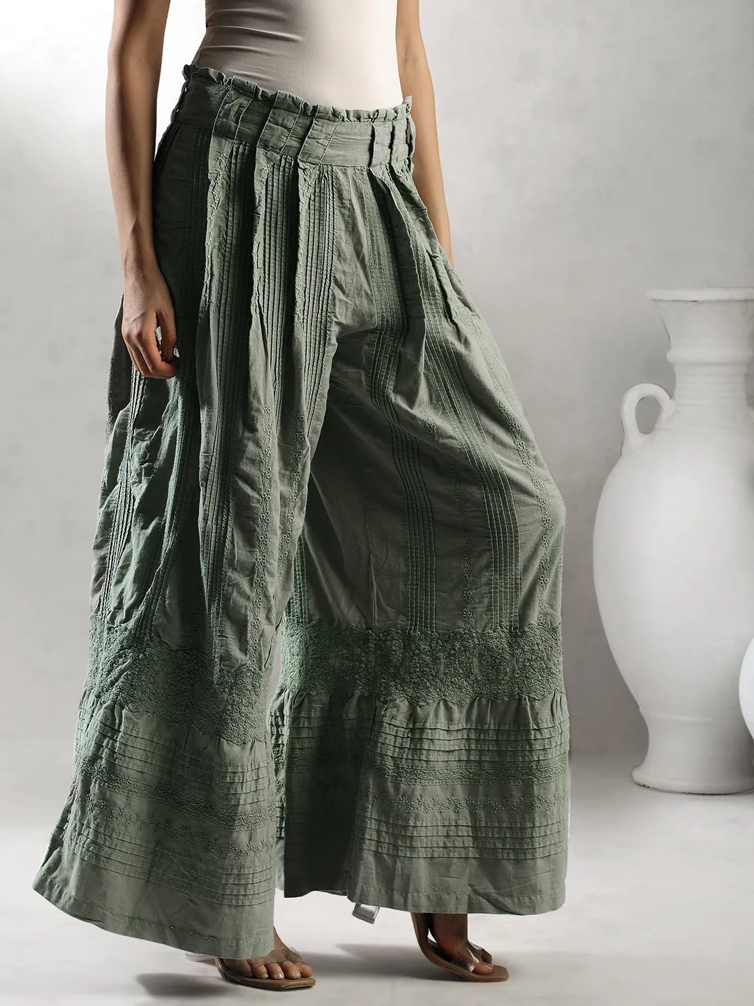 Women Green Boho Flared Pants