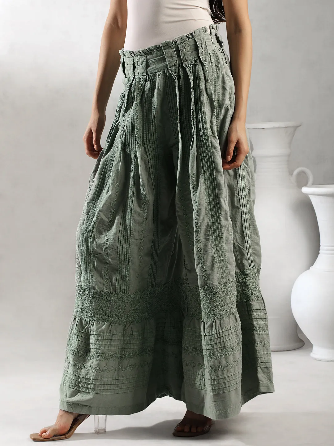 Women Green Boho Flared Pants