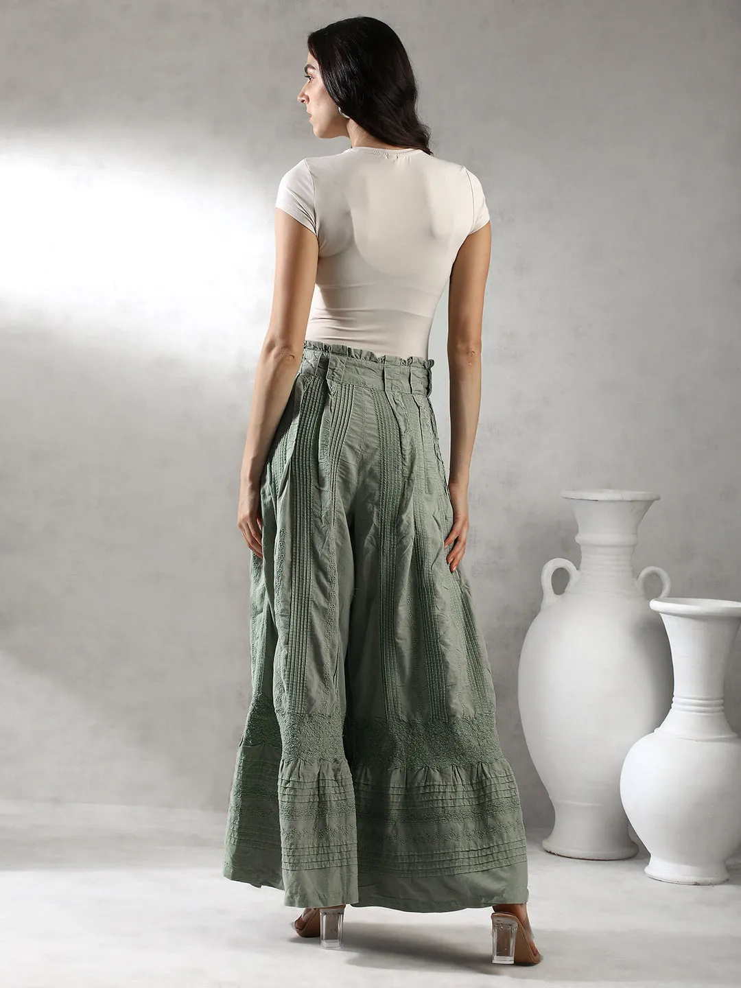 Women Green Boho Flared Pants