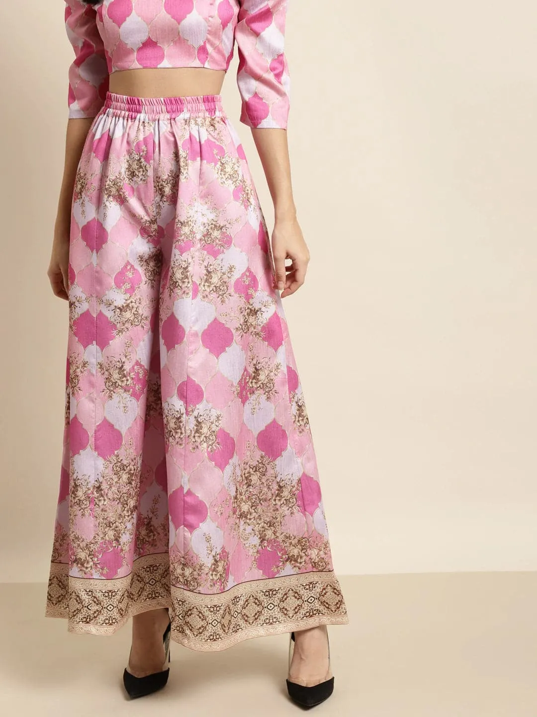 Women Pink Mughal Floral Kali Palazzo