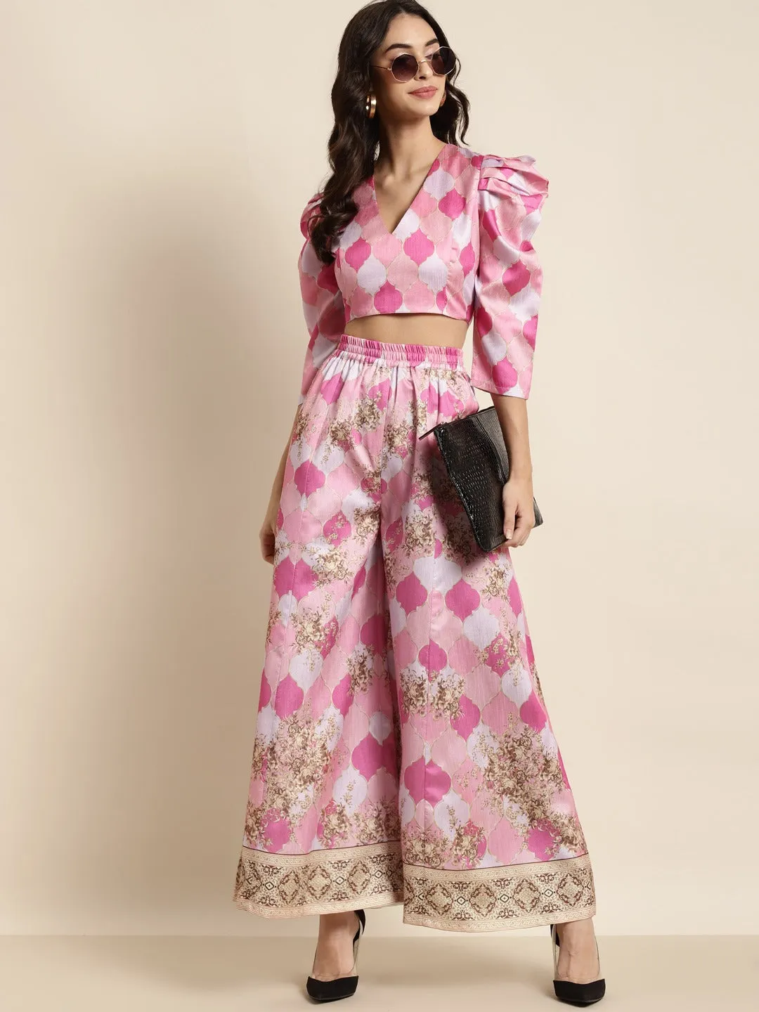 Women Pink Mughal Floral Kali Palazzo