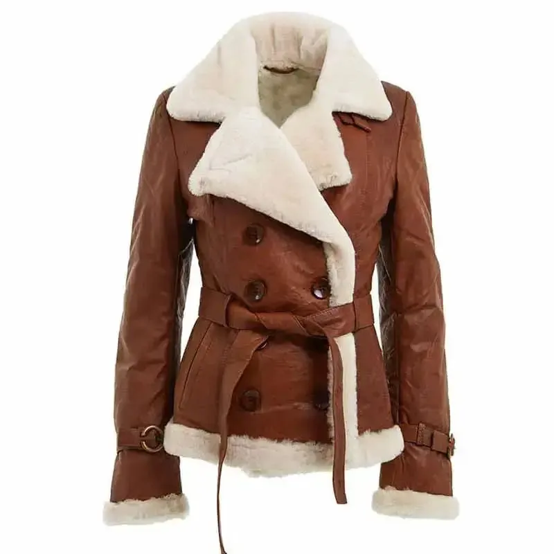 Women's Double-Breasted Shearling Jacket - Stylish & Cozy