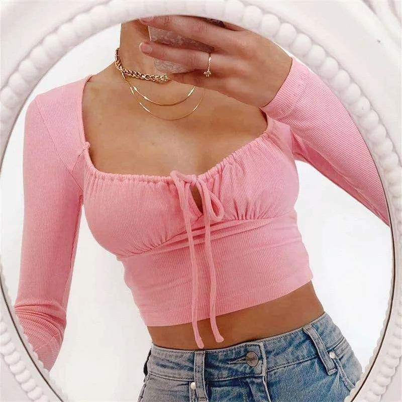 Women's Elastic Party Sweet Bandage Long Sleeve Cropped Shirt