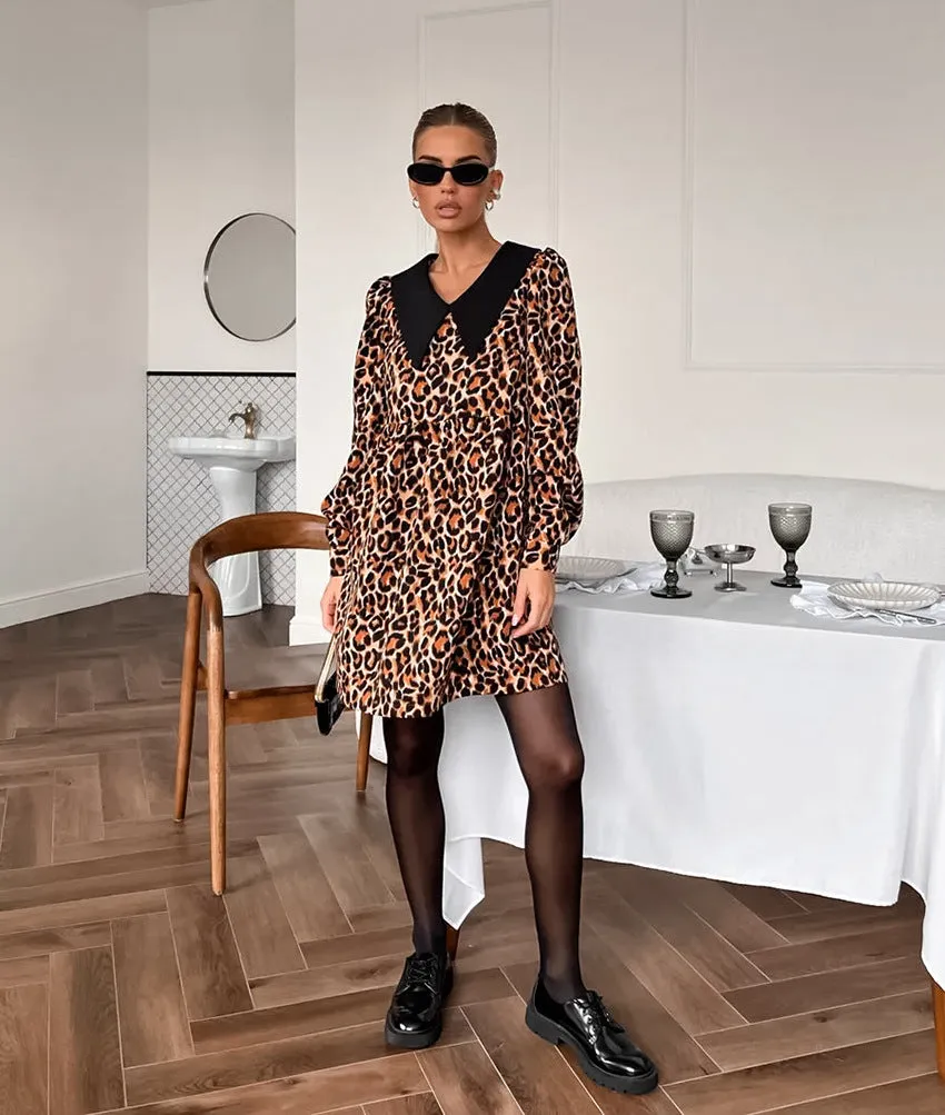 Women's Leopard Print Turn-Down Collar Long Sleeve Dress