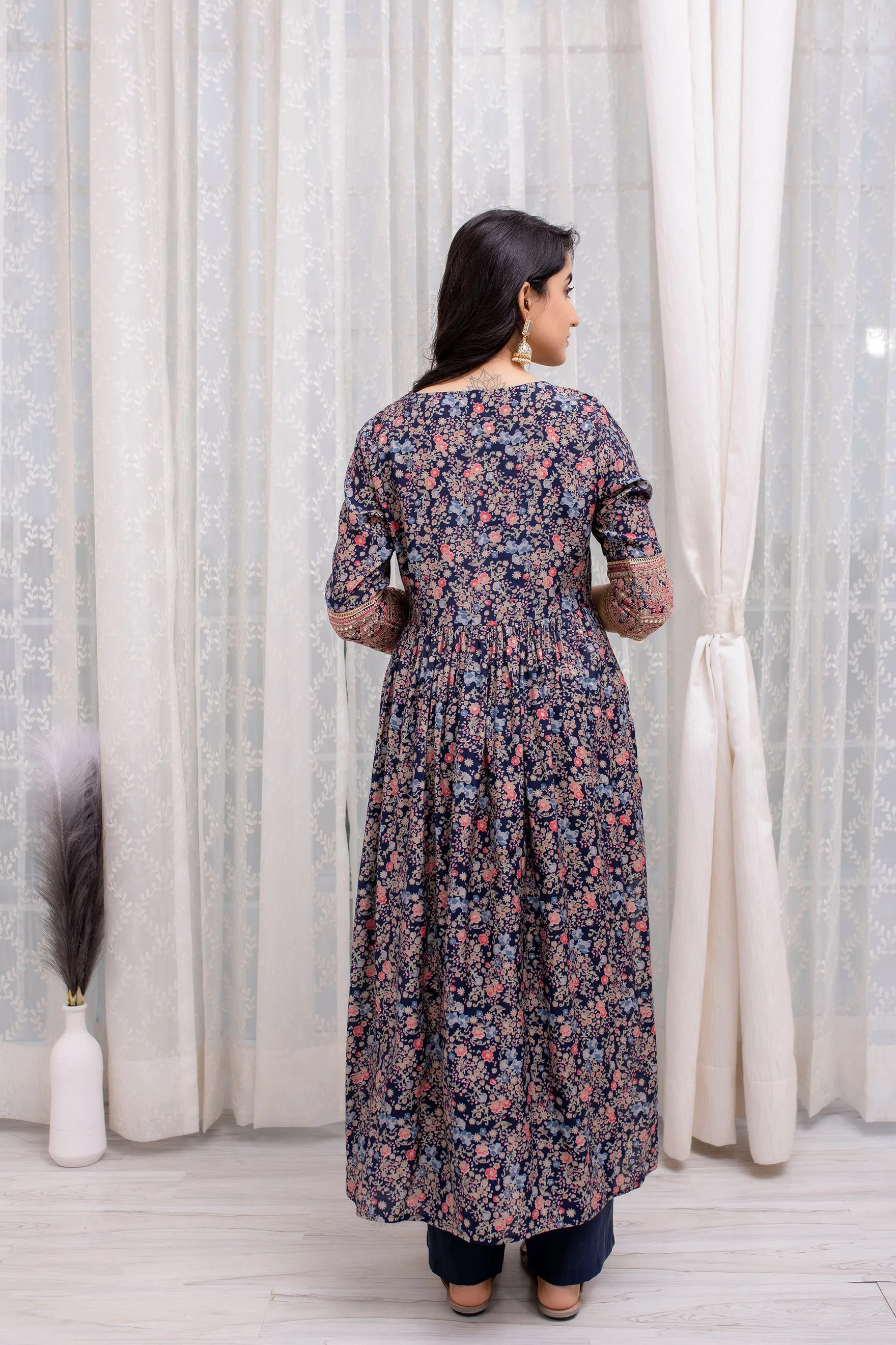 Women's Muslin Navy Blue Nyara Cut A-Line Kurta, Pant and Dupatta With Fancy Potli Set