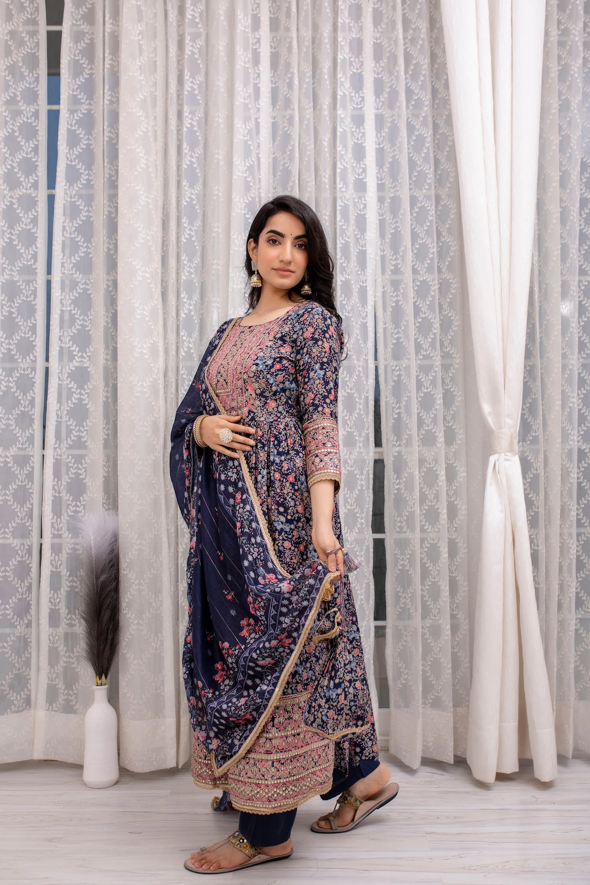 Women's Muslin Navy Blue Nyara Cut A-Line Kurta, Pant and Dupatta With Fancy Potli Set
