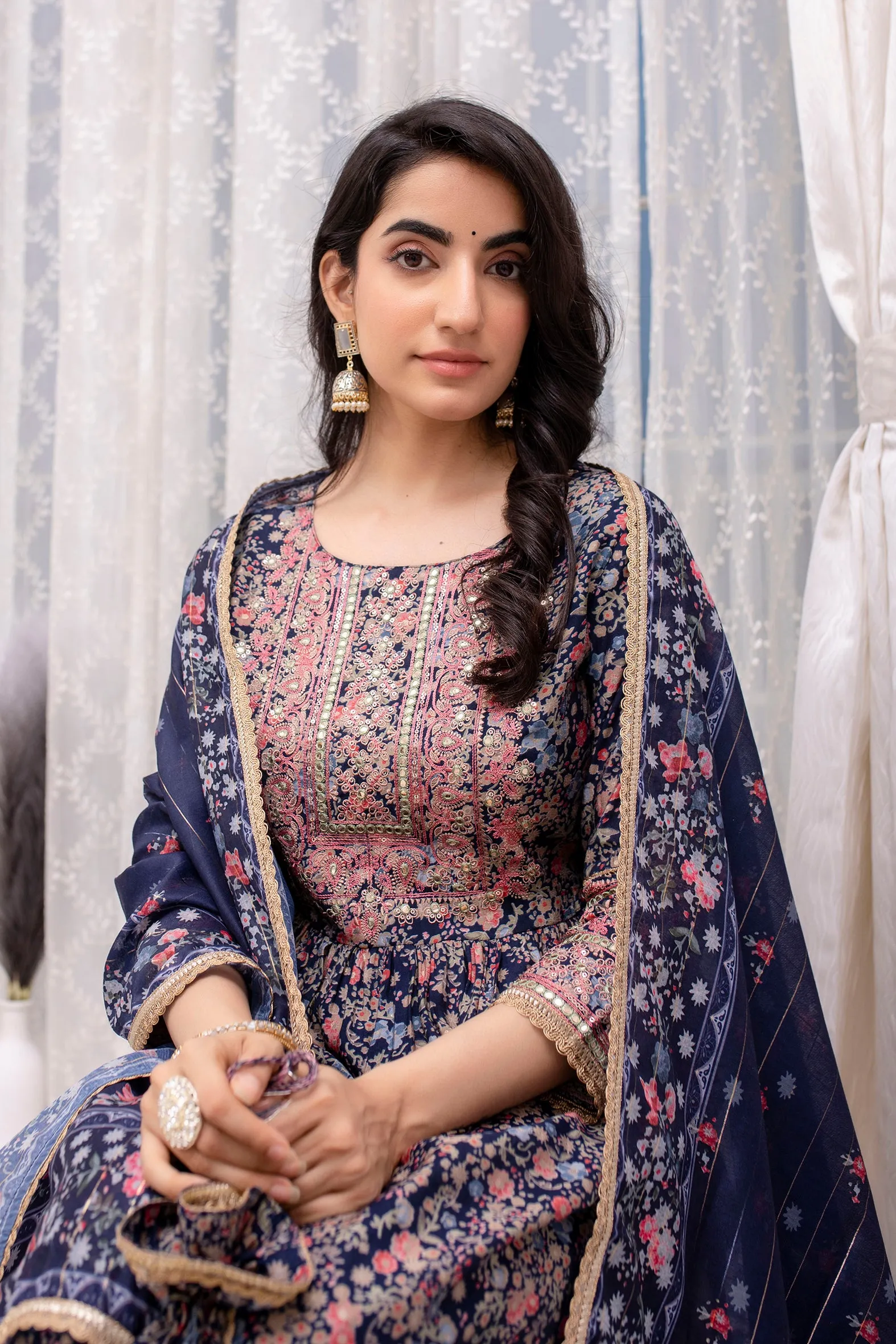 Women's Muslin Navy Blue Nyara Cut A-Line Kurta, Pant and Dupatta With Fancy Potli Set