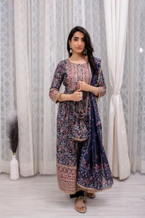 Women's Muslin Navy Blue Nyara Cut A-Line Kurta, Pant and Dupatta With Fancy Potli Set