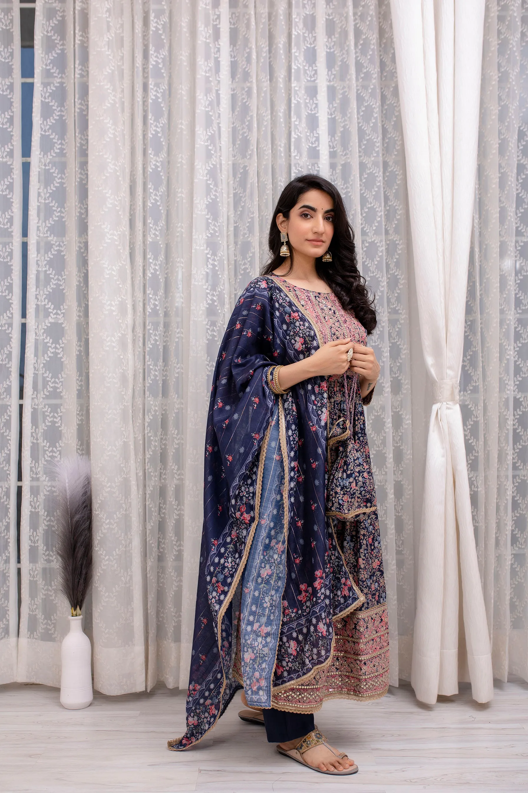 Women's Muslin Navy Blue Nyara Cut A-Line Kurta, Pant and Dupatta With Fancy Potli Set