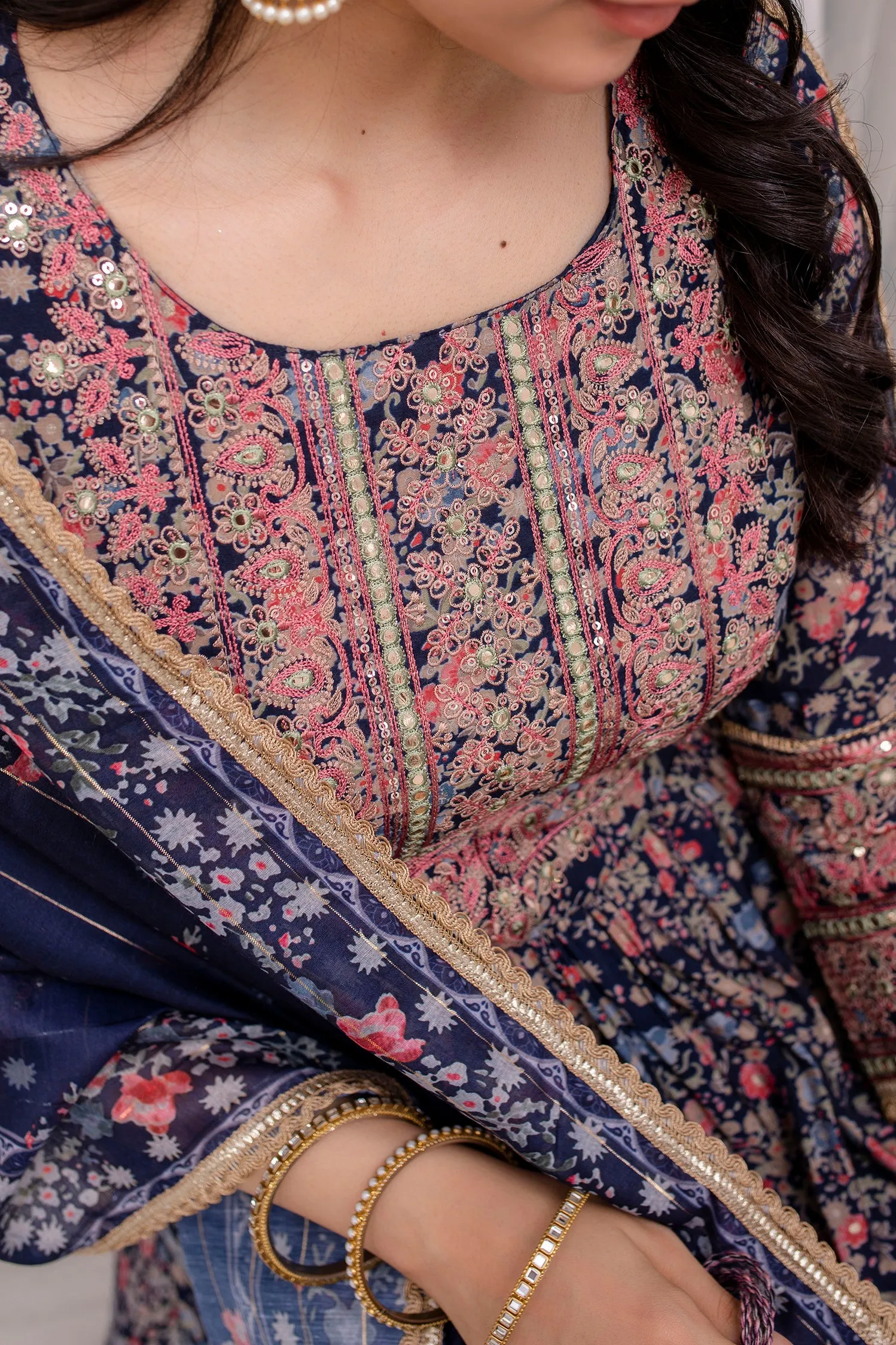 Women's Muslin Navy Blue Nyara Cut A-Line Kurta, Pant and Dupatta With Fancy Potli Set