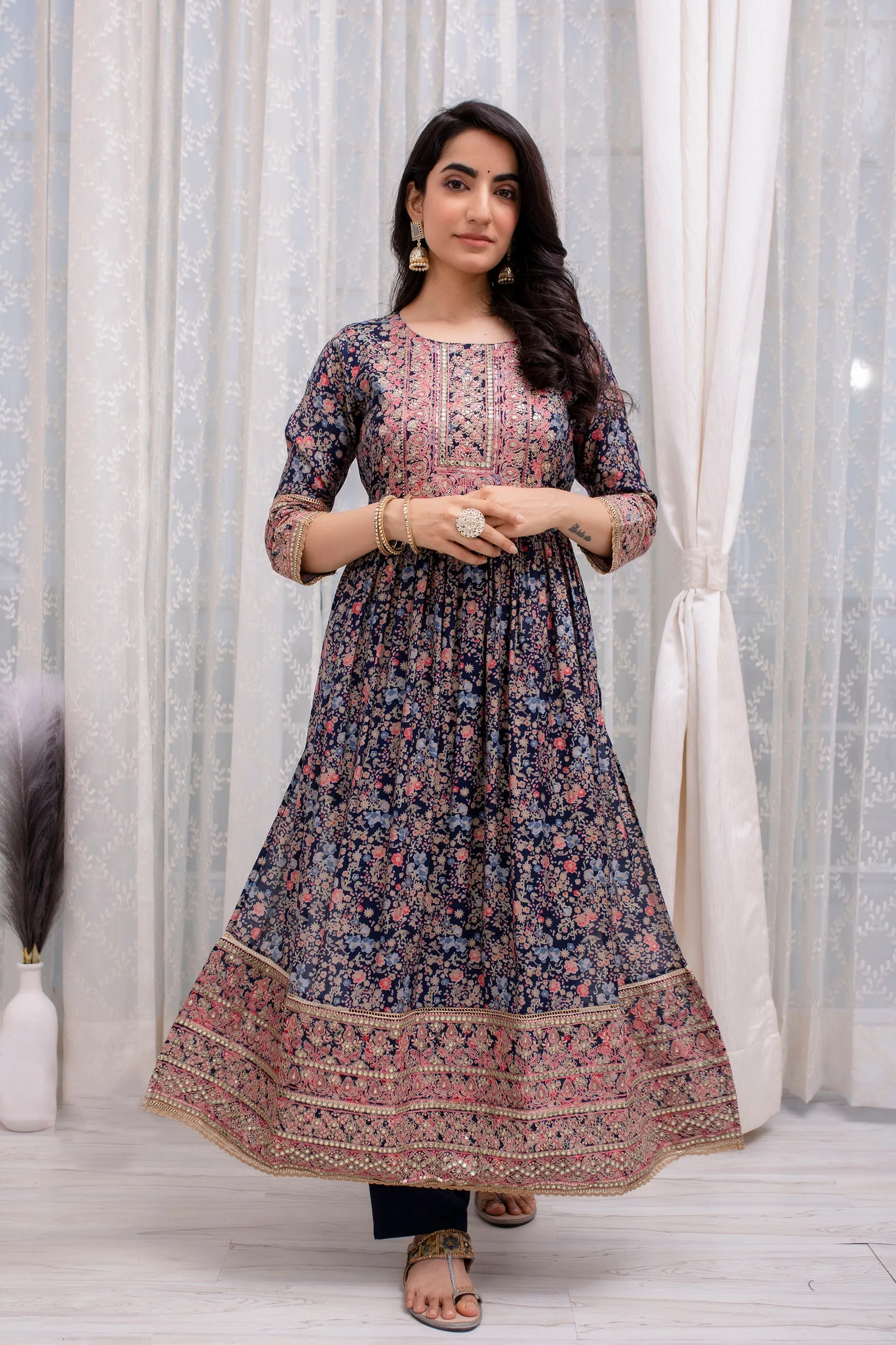 Women's Muslin Navy Blue Nyara Cut A-Line Kurta, Pant and Dupatta With Fancy Potli Set