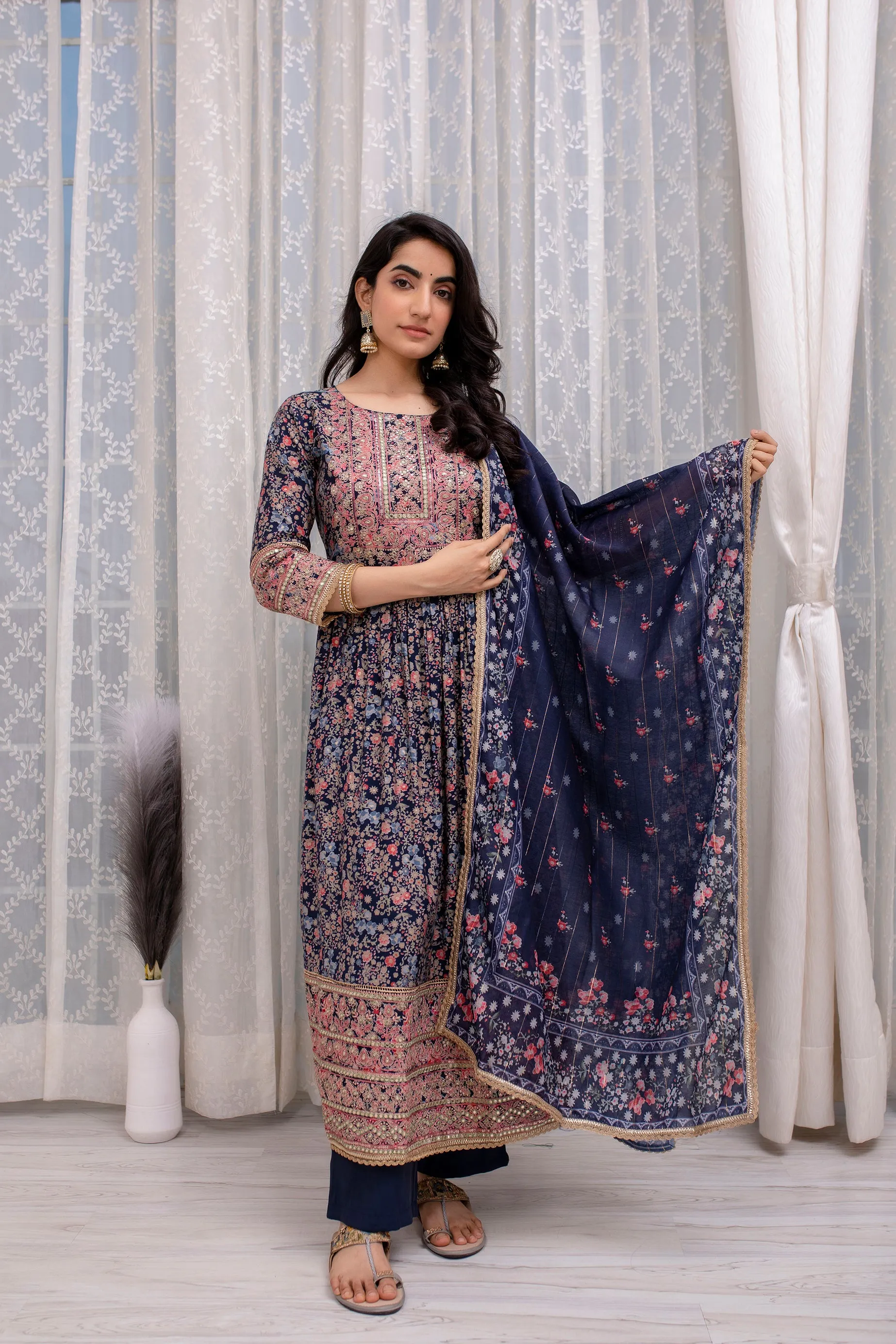 Women's Muslin Navy Blue Nyara Cut A-Line Kurta, Pant and Dupatta With Fancy Potli Set