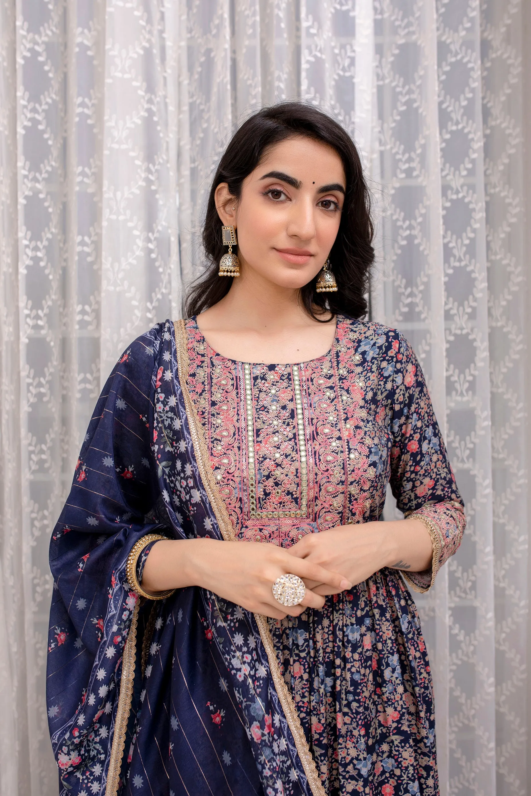 Women's Muslin Navy Blue Nyara Cut A-Line Kurta, Pant and Dupatta With Fancy Potli Set