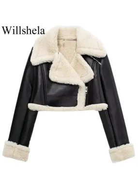 Women's Vintage Lapel Neck Zipper Jacket – Solid Color Thick Outerwear for  Winter