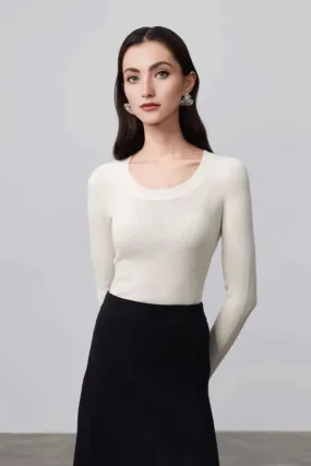 Wool Silk Seamless Knit U Neck Sweater