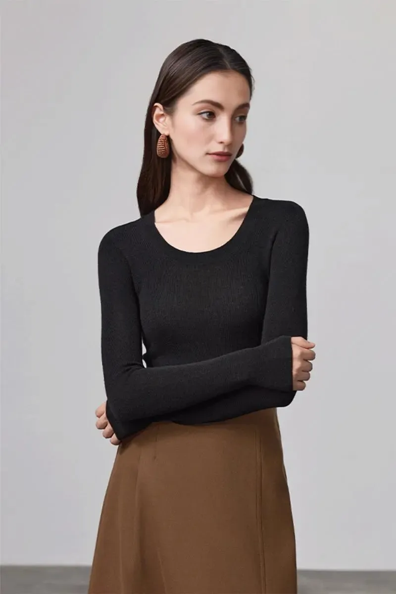 Wool Silk Seamless Knit U Neck Sweater