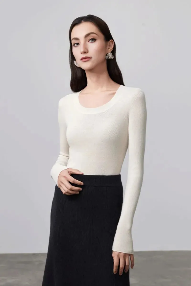 Wool Silk Seamless Knit U Neck Sweater
