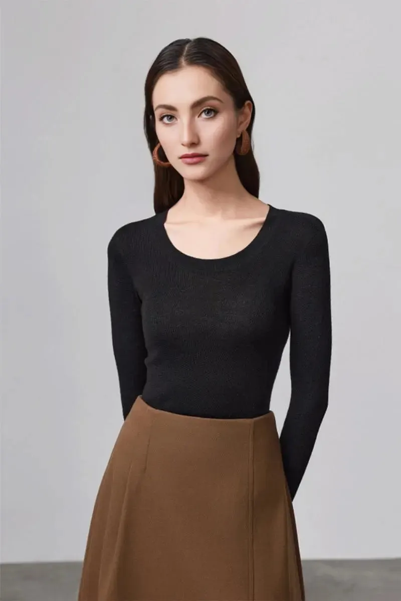 Wool Silk Seamless Knit U Neck Sweater