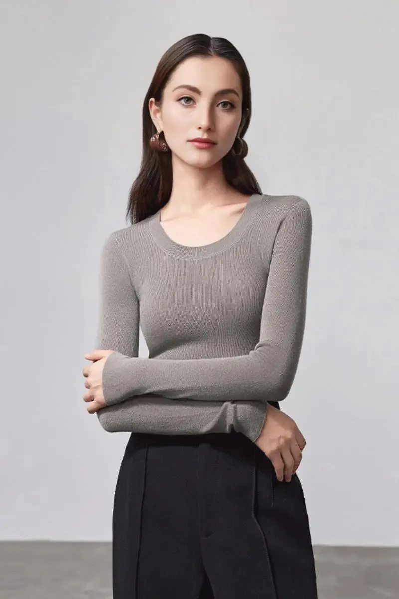 Wool Silk Seamless Knit U Neck Sweater
